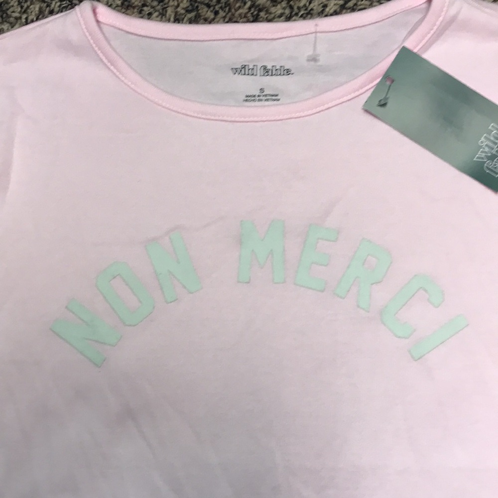 Wild Fable Graphic Pink 'Non Merci' Baby Tee Tight Fit Cropped Sz Small | NWT - Picture 2 of 4